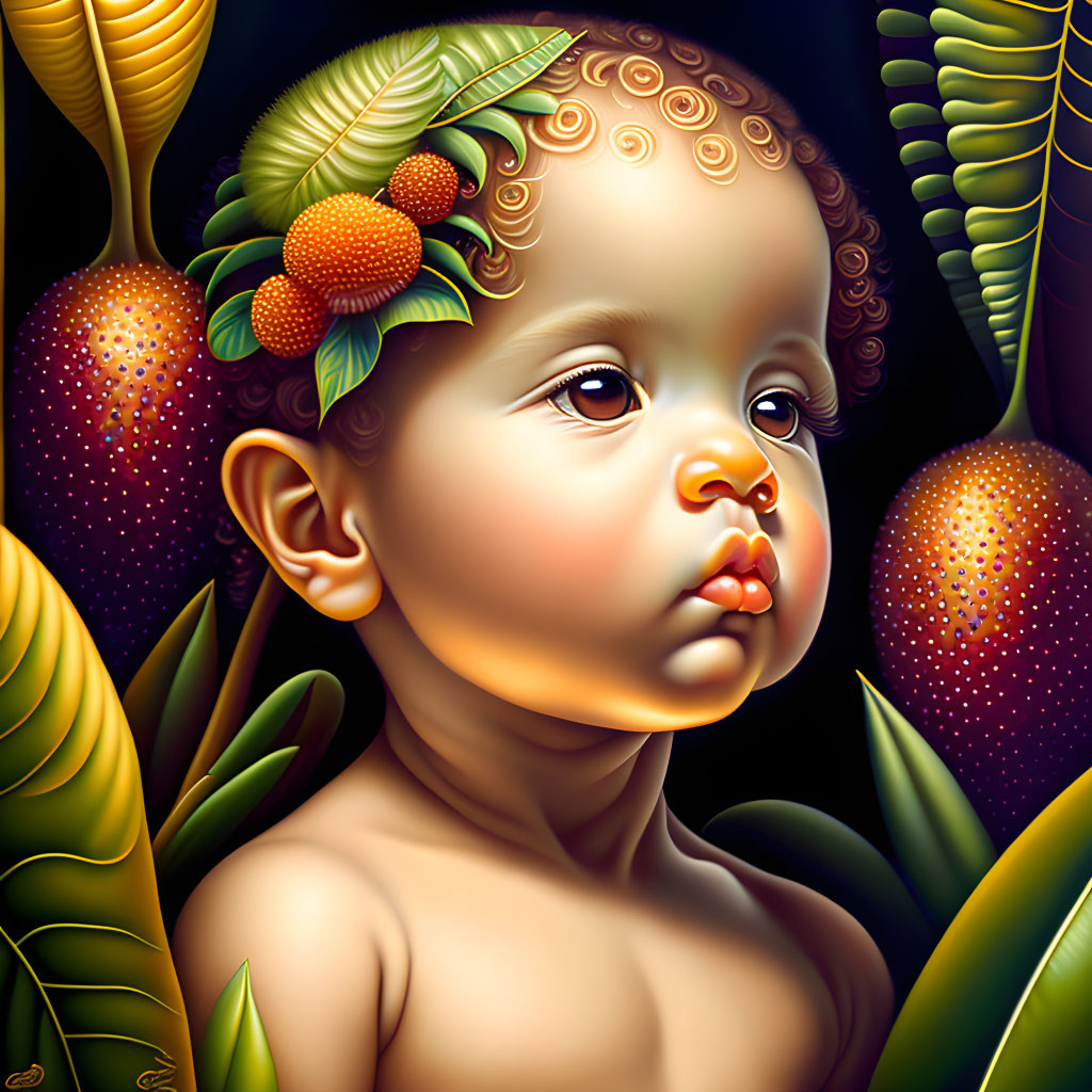Digital painting of baby with fruit hat in tropical setting