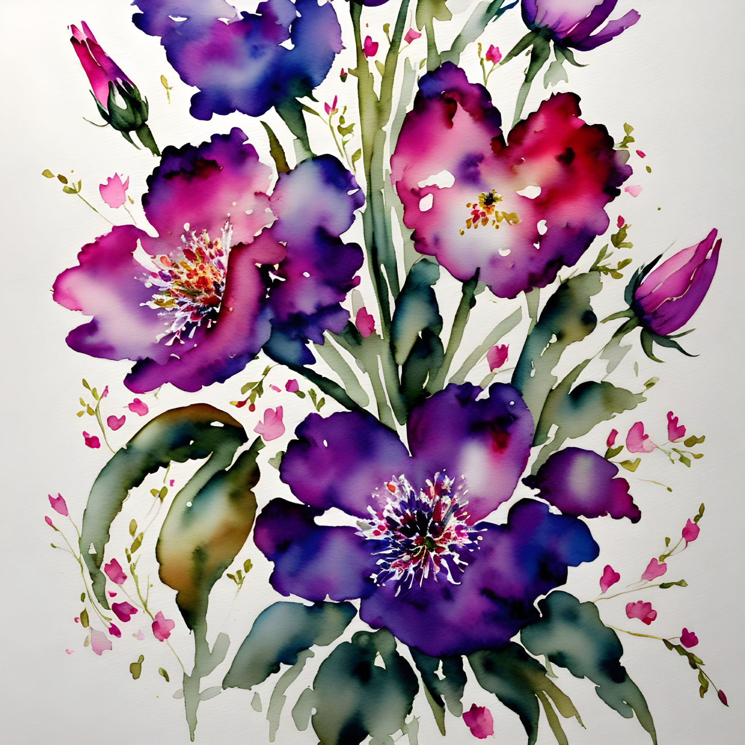 Vibrant purple and pink flowers in watercolor painting