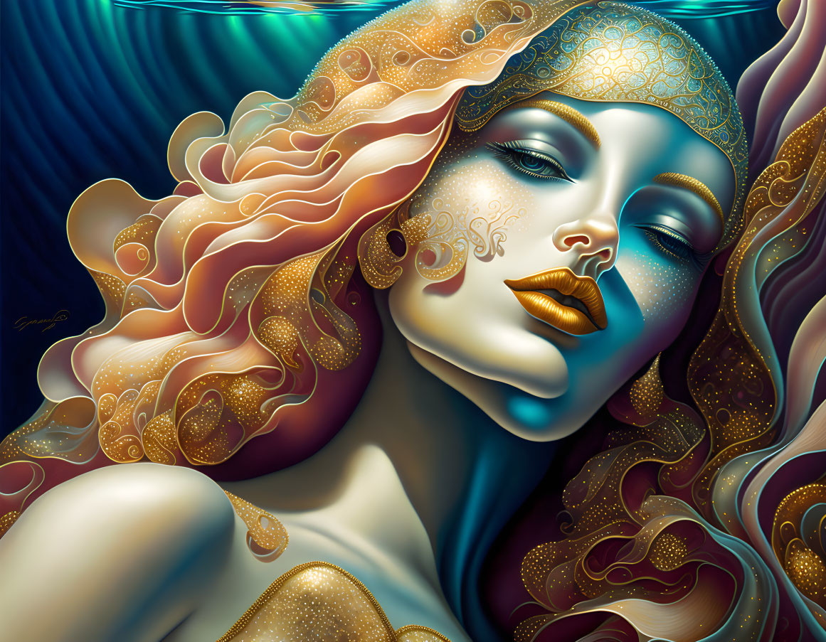 Woman with Golden Hair and Blue Skin in Mystical Artwork