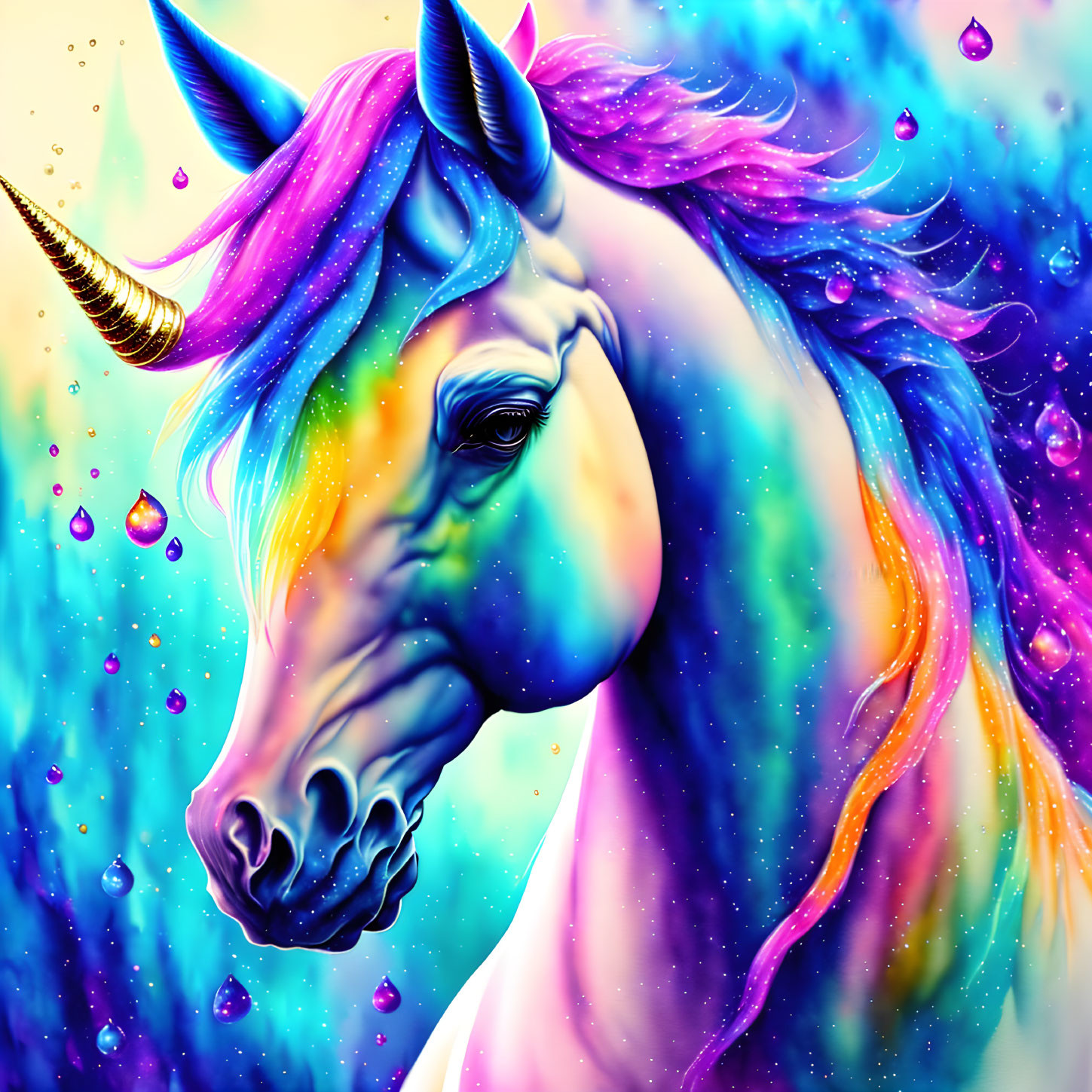 Colorful Unicorn Artwork with Rainbow Mane and Golden Horn