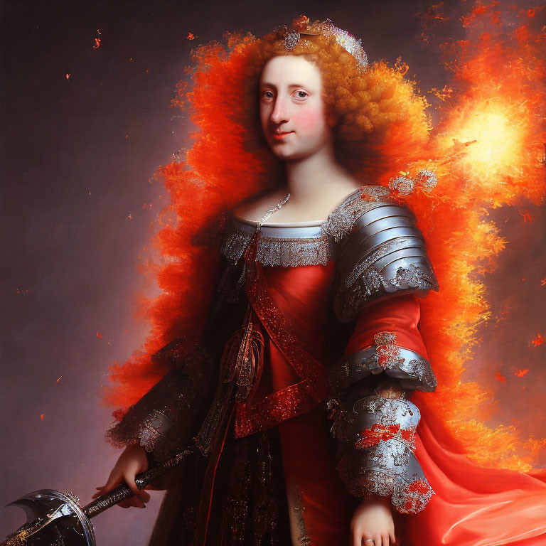 Historical attire portrait with ornate armor on fiery orange backdrop