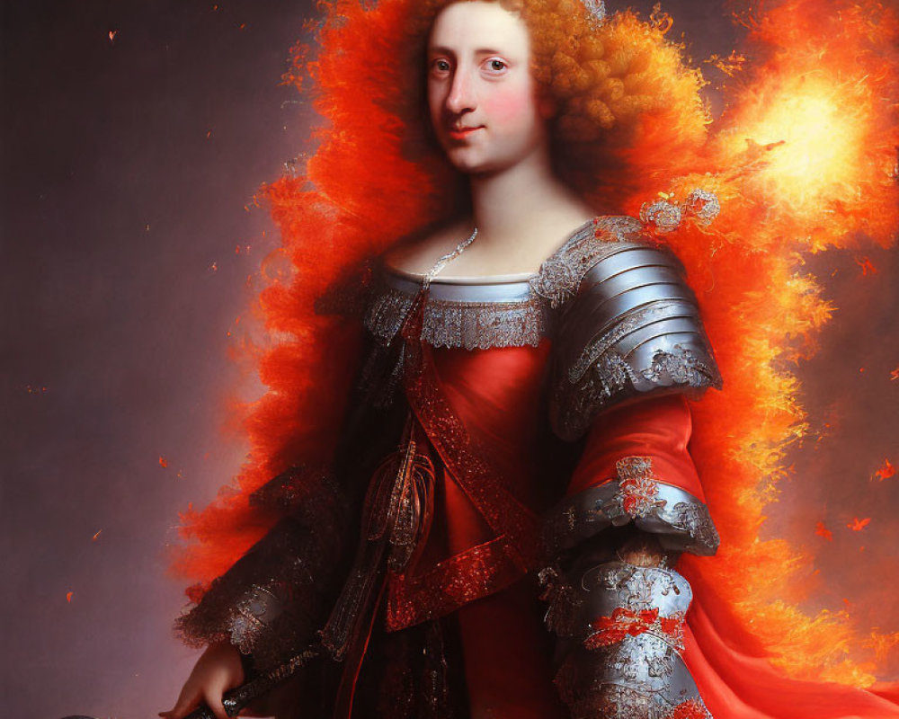 Historical attire portrait with ornate armor on fiery orange backdrop