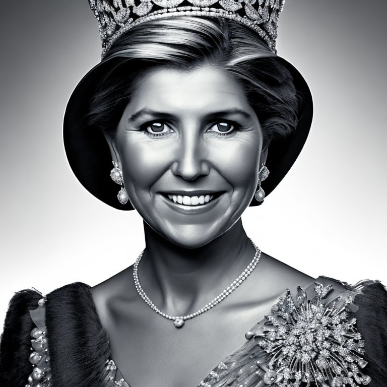 Monochrome portrait of smiling woman with crown and jewelry