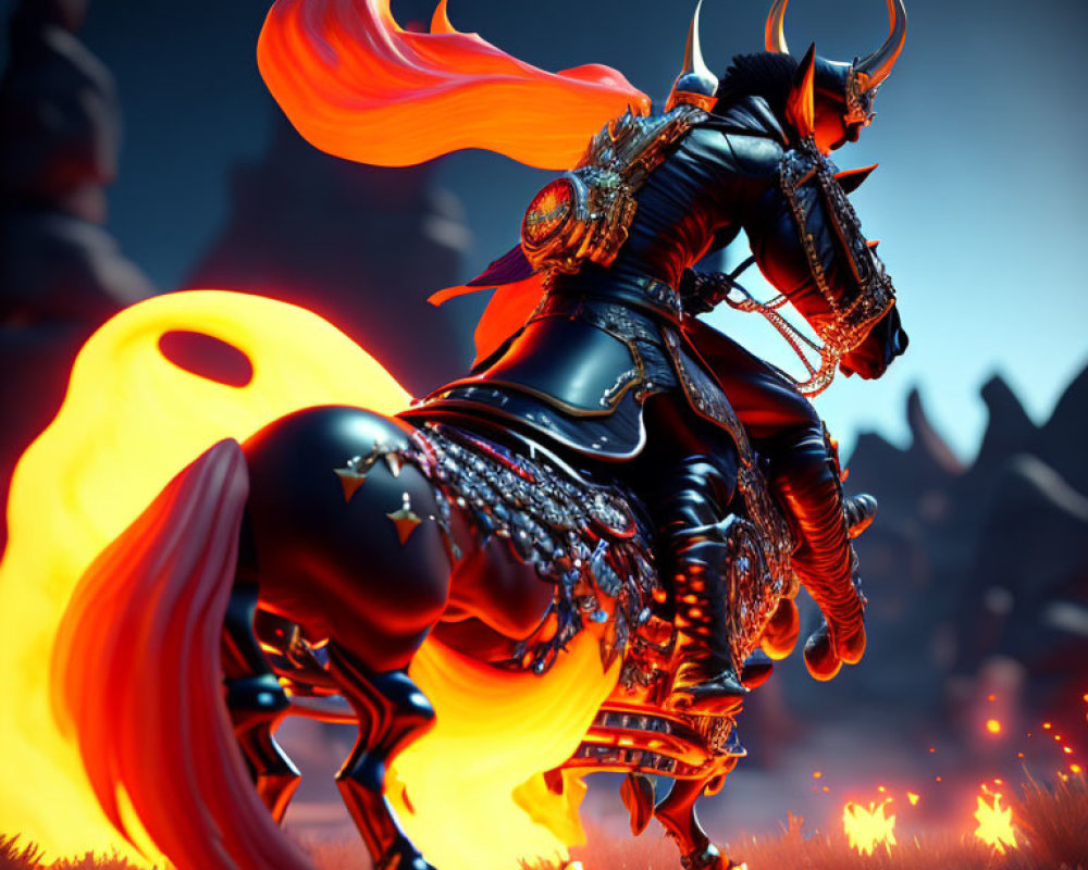 Fantasy armored knight on black horse with fiery manes in twilight scene
