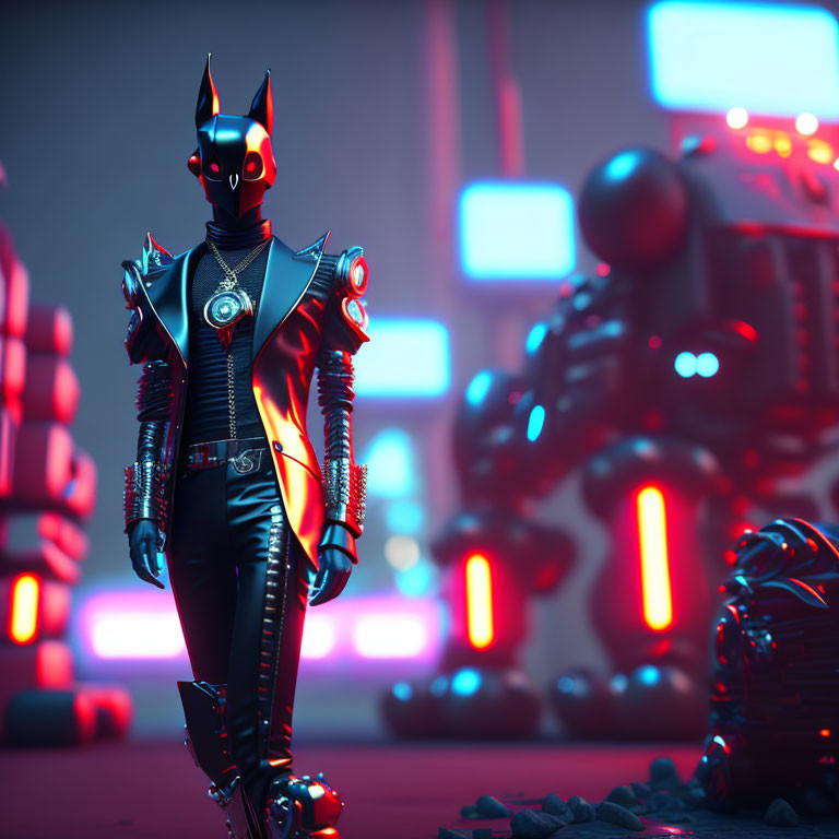 Futuristic character in black and red suit with horns in neon-lit setting