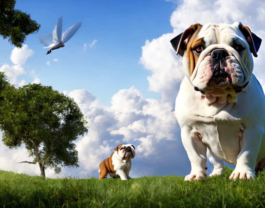 Two bulldogs on grass under blue sky with bird and tree - nature scene