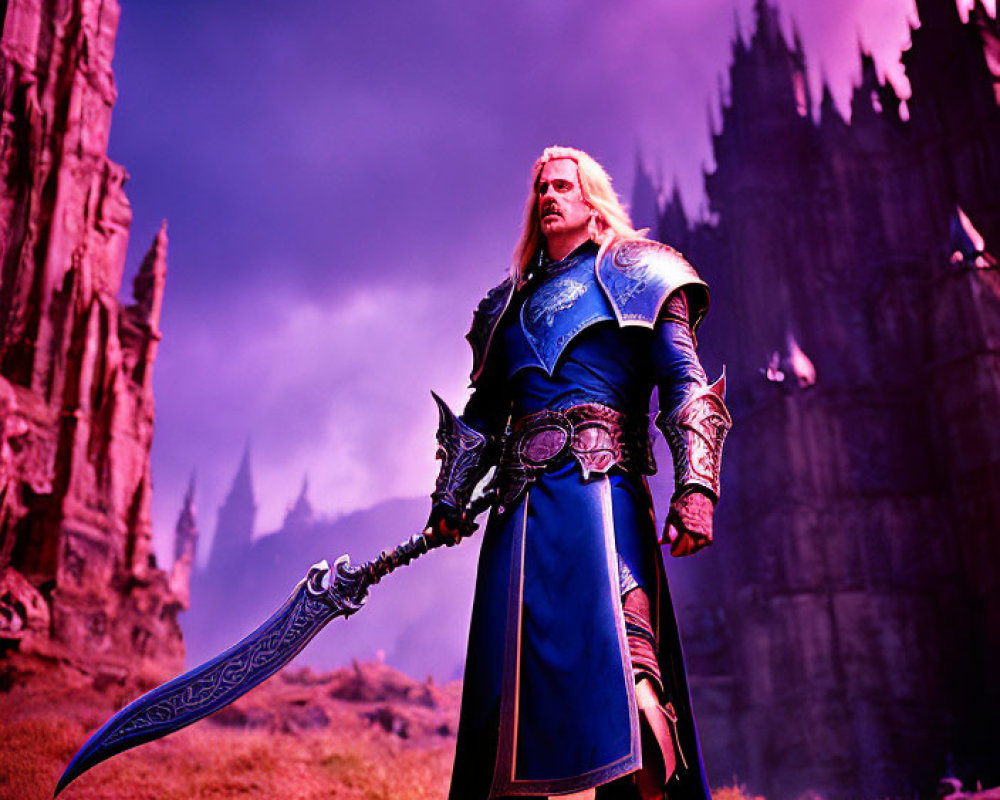 Regal warrior in blue and silver armor with ornate sword in front of dark castle
