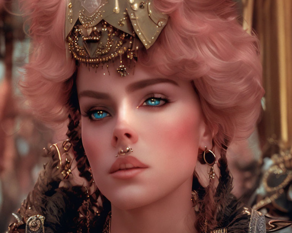 Portrait of a Woman with Blue Eyes, Pink Hair, and Golden Headgear