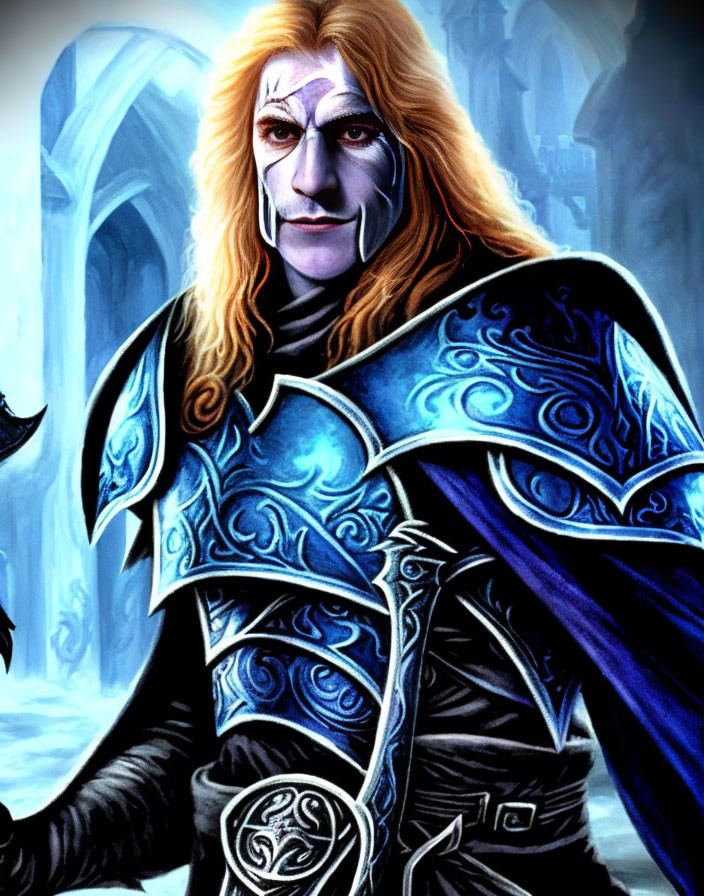 Fantasy character with pale skin, white hair, blue armor, and Celtic knot staff.