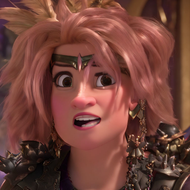 Detailed 3D animated female character with pink spiky hair and armor