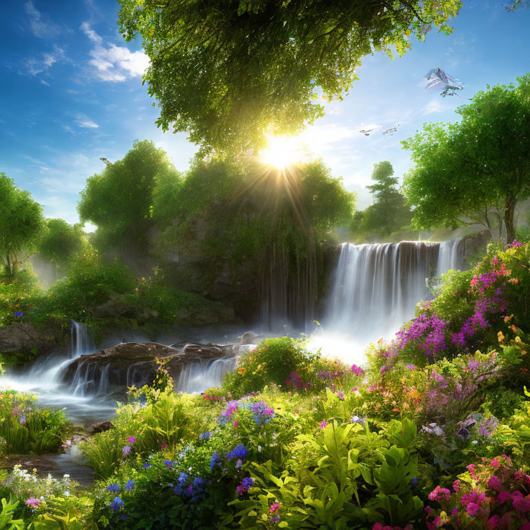 Scenic waterfall with sunlight, lush trees, flowers, and birds