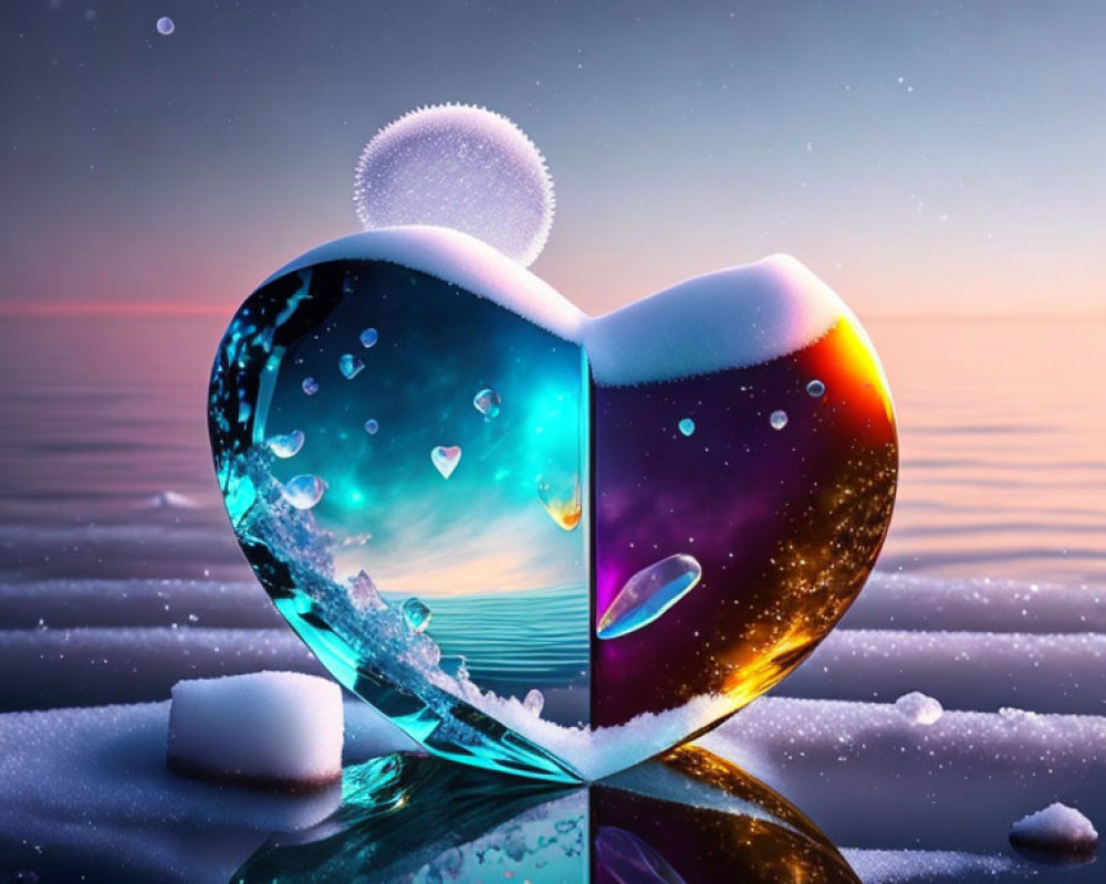 Heart-shaped bottle breaking over cosmic seascape with sugar cubes - Digital art