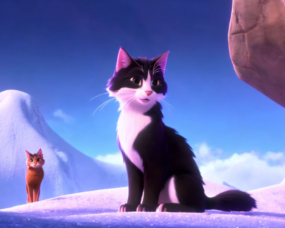 Black and white animated cat with pink nose in snowy landscape with small orange cat