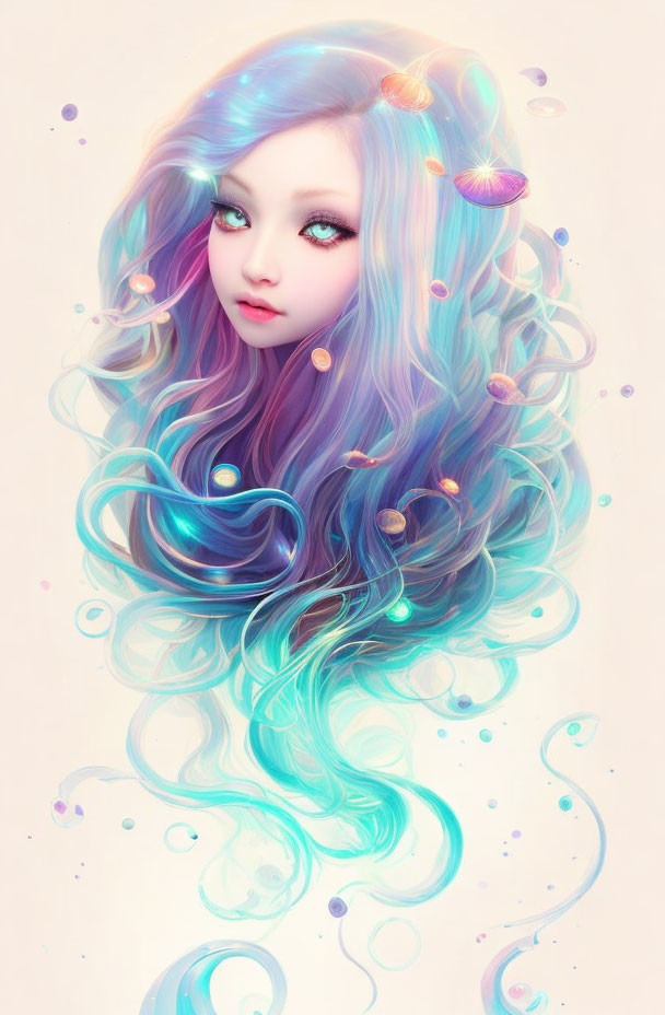 Digital artwork featuring female figure with rainbow hair & luminescent jellyfish creatures