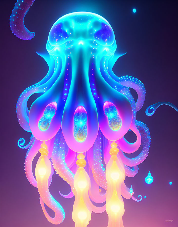 Colorful Glowing Jellyfish Artwork on Purple Background