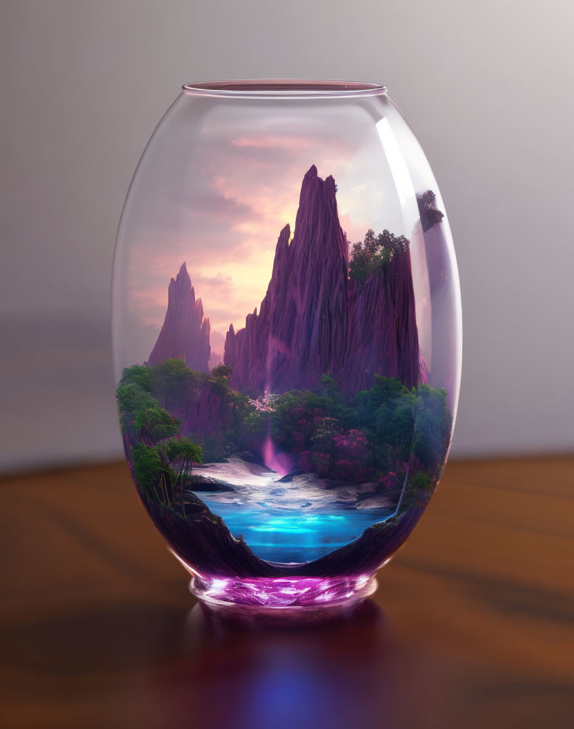 Surreal fishbowl with mountain landscape under pink sky