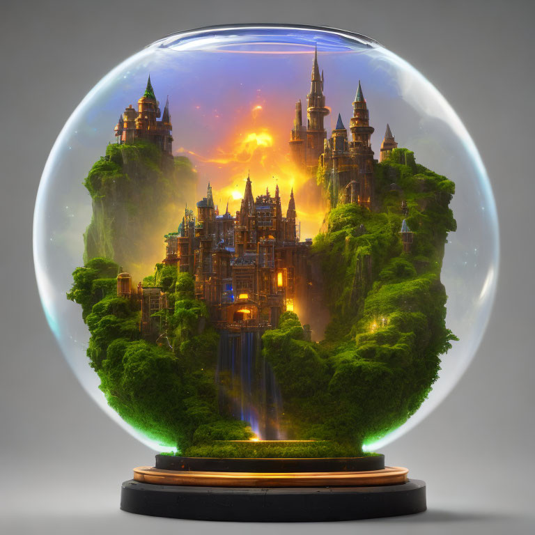 Fantasy castle with waterfalls and lush greenery in glass globe on wooden base with magical sunrise backdrop