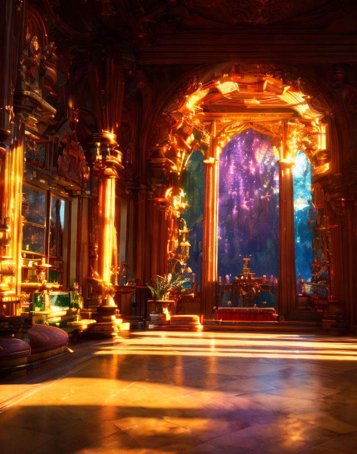 Ornate Room with Wooden Arches and Cosmic Scene