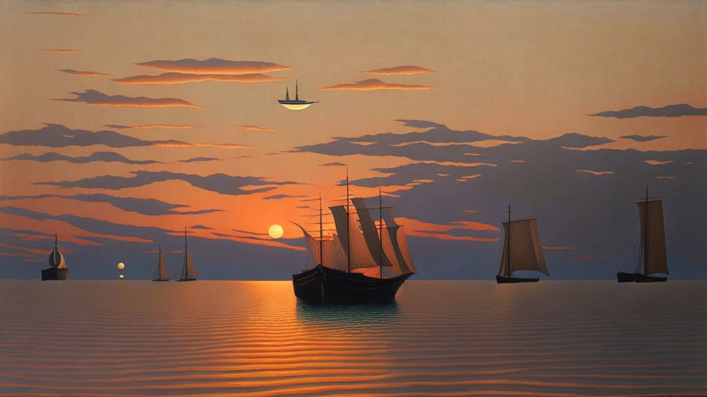 Sunset Seascape with Sailing Ships and UFO in Sky