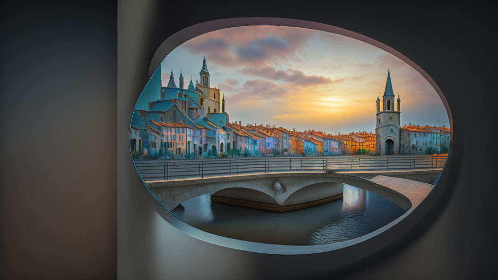 Scenic sunset view through oval window of bridge and historic cityscape