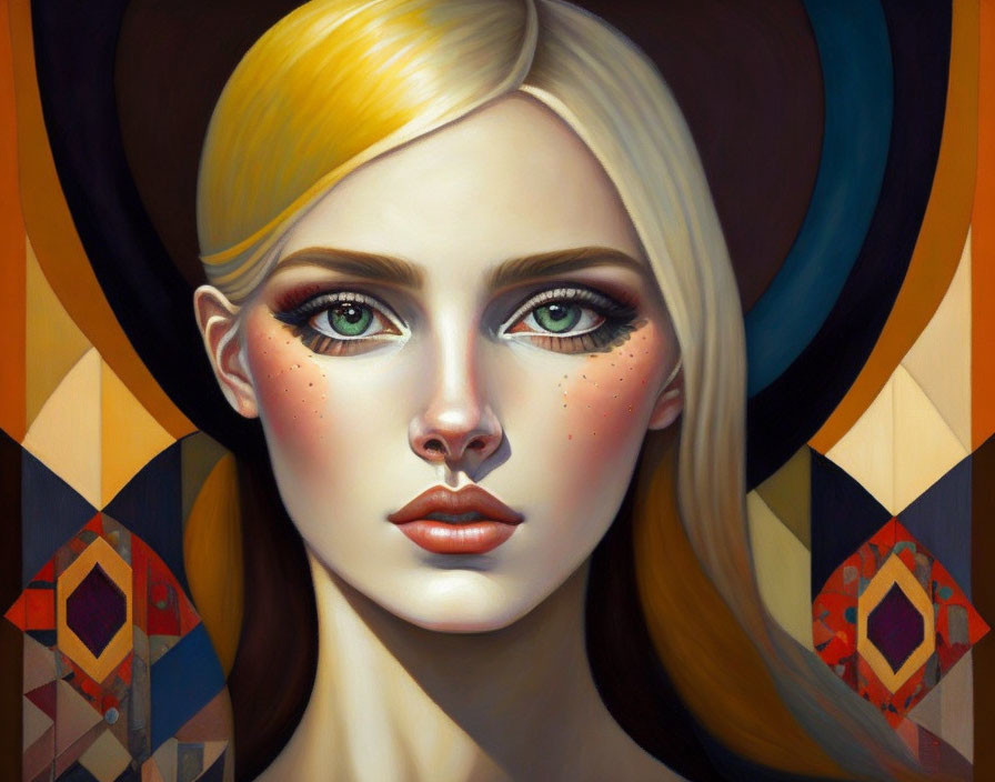 Blonde woman with blue eyes and freckles against colorful geometric backdrop