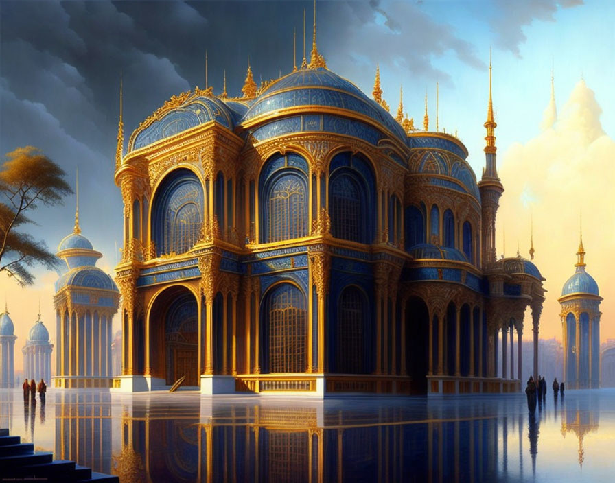 Golden palace with intricate architecture reflected in water at dusk