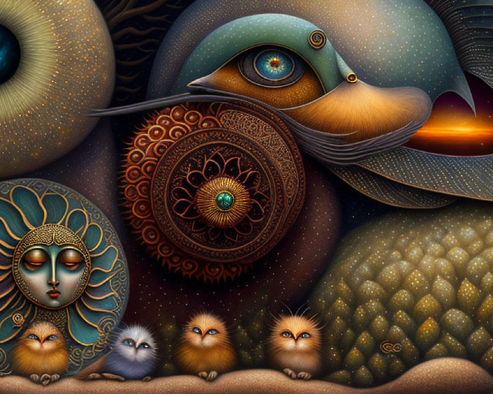 Surreal bird with eye-patterned plumage and moon-like face in textured background