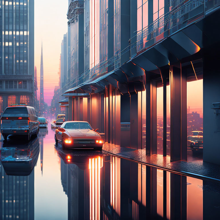 Futuristic cityscape twilight with neon lights and sleek car.