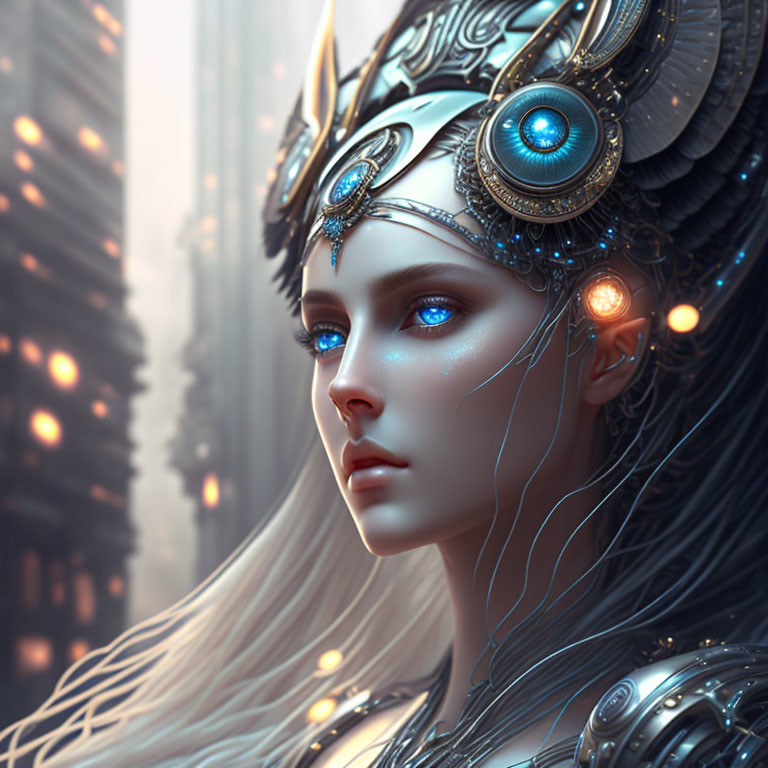 Digital Artwork: Female Figure with Glowing Blue Eyes and Metallic Headgear among Towering Structures