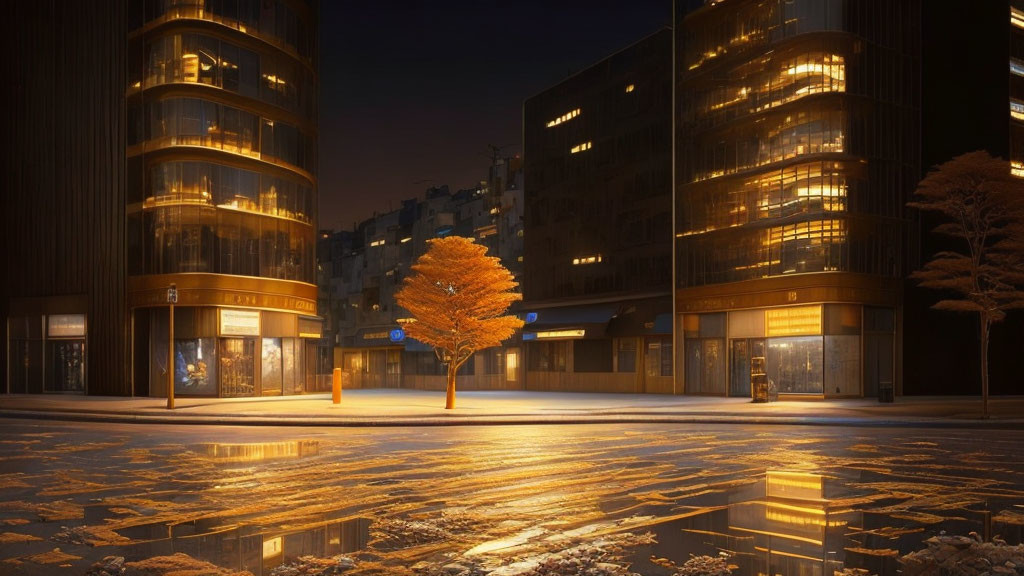 Modern buildings and autumn tree with reflections on wet street at dusk