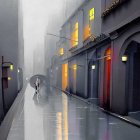 Futuristic city street in rain with tall buildings