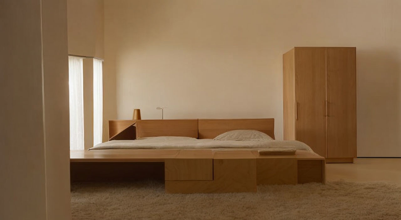 Minimalist Bedroom with Wooden Bed, Beige Walls & Soft Natural Light