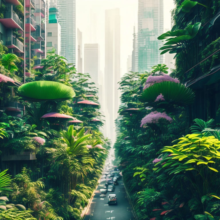 Tropical plants and blooming trees on urban street with high-rise buildings