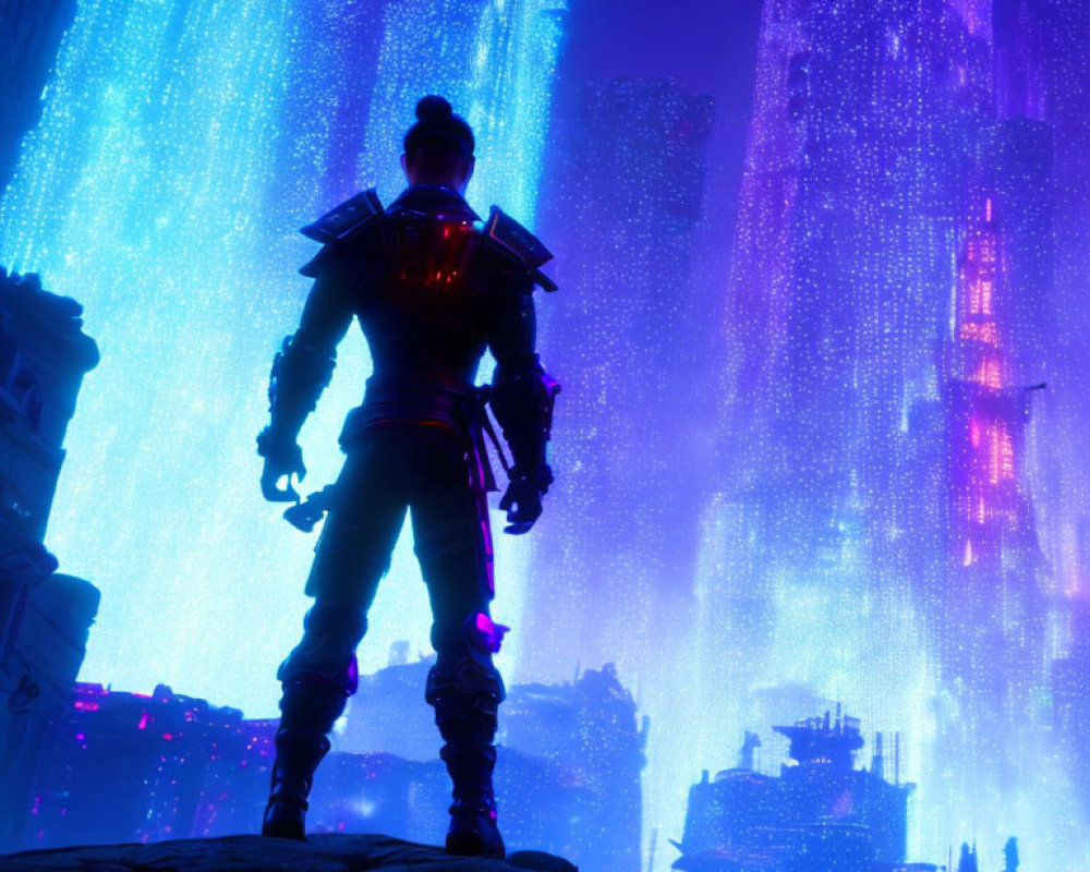 Figure in front of neon-lit futuristic cityscape with digital lights