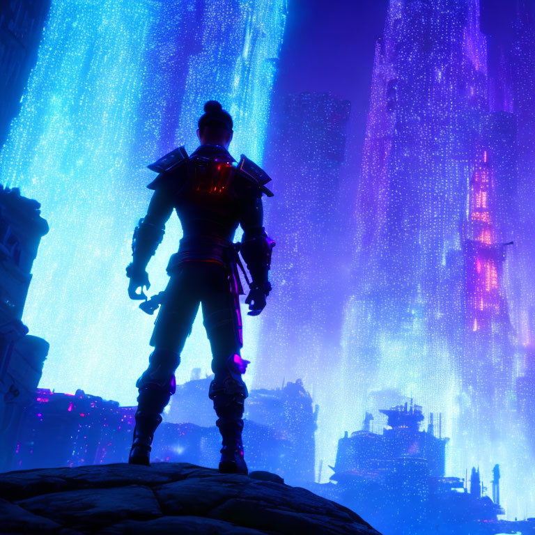 Figure in front of neon-lit futuristic cityscape with digital lights