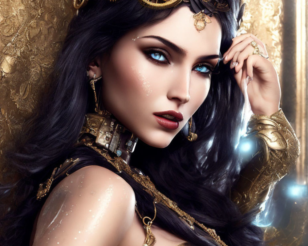 Portrait of a woman with bright blue eyes and intricate gold jewelry