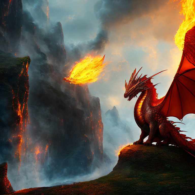 Red dragon breathing fire on mountain cliff at sunset
