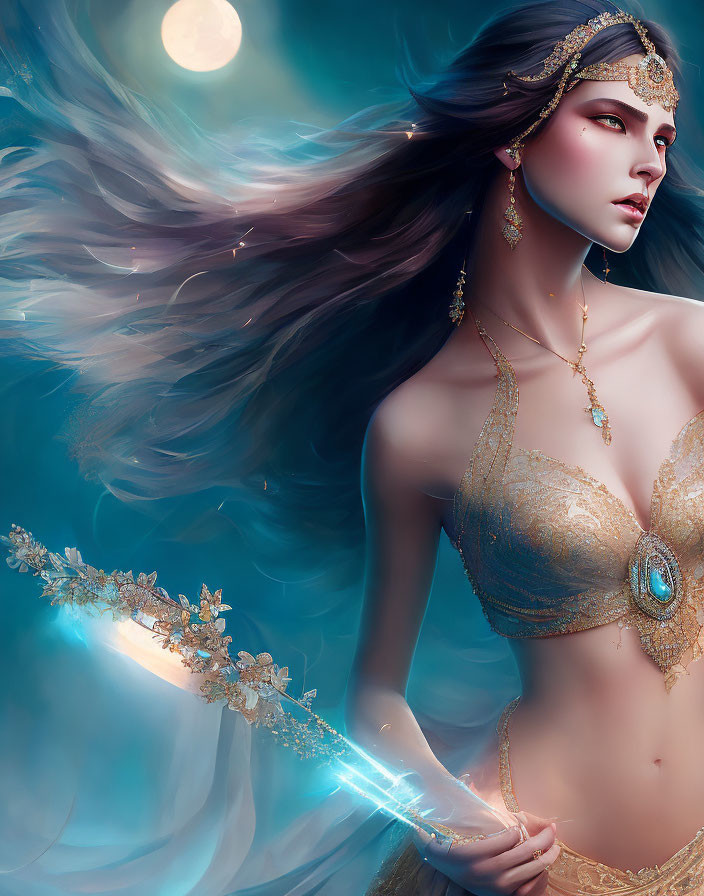 Ethereal fantasy illustration of woman with glowing sword under moonlit sky
