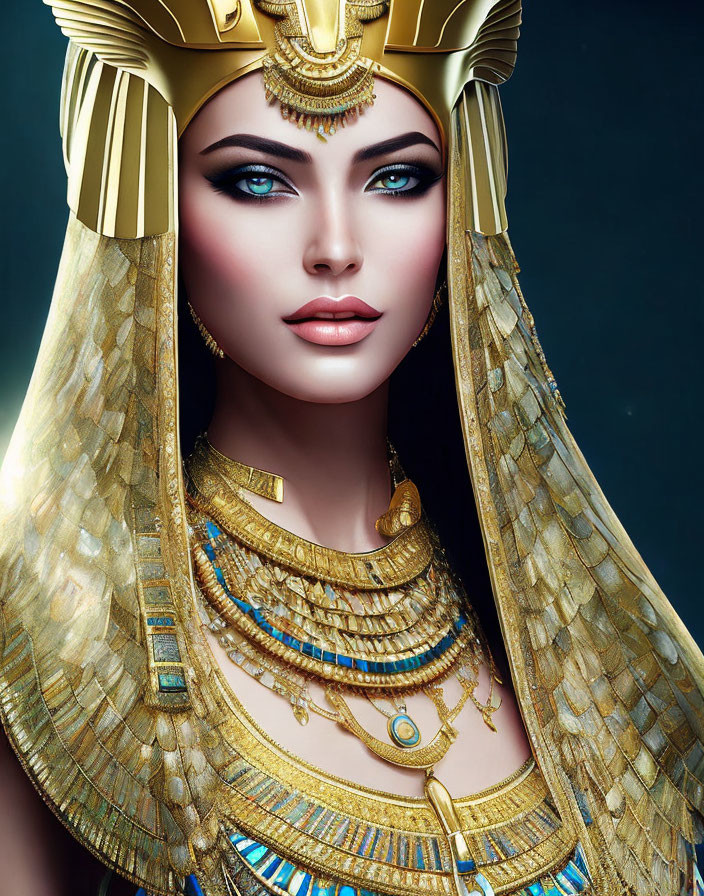 Digital artwork: Woman as Egyptian pharaoh with gold jewelry & headdress on dark background