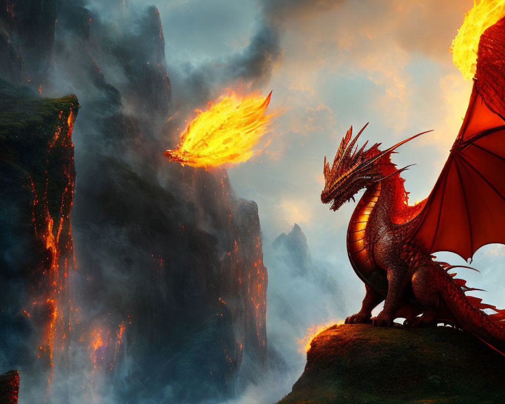 Red dragon breathing fire on mountain cliff at sunset