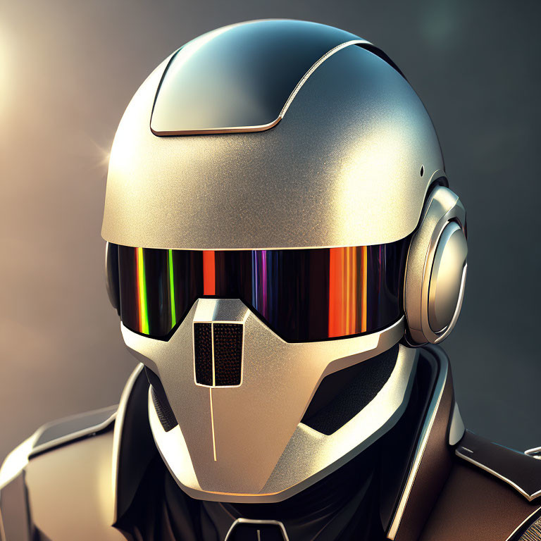 Reflective Rainbow Visor on Futuristic Metallic Helmet