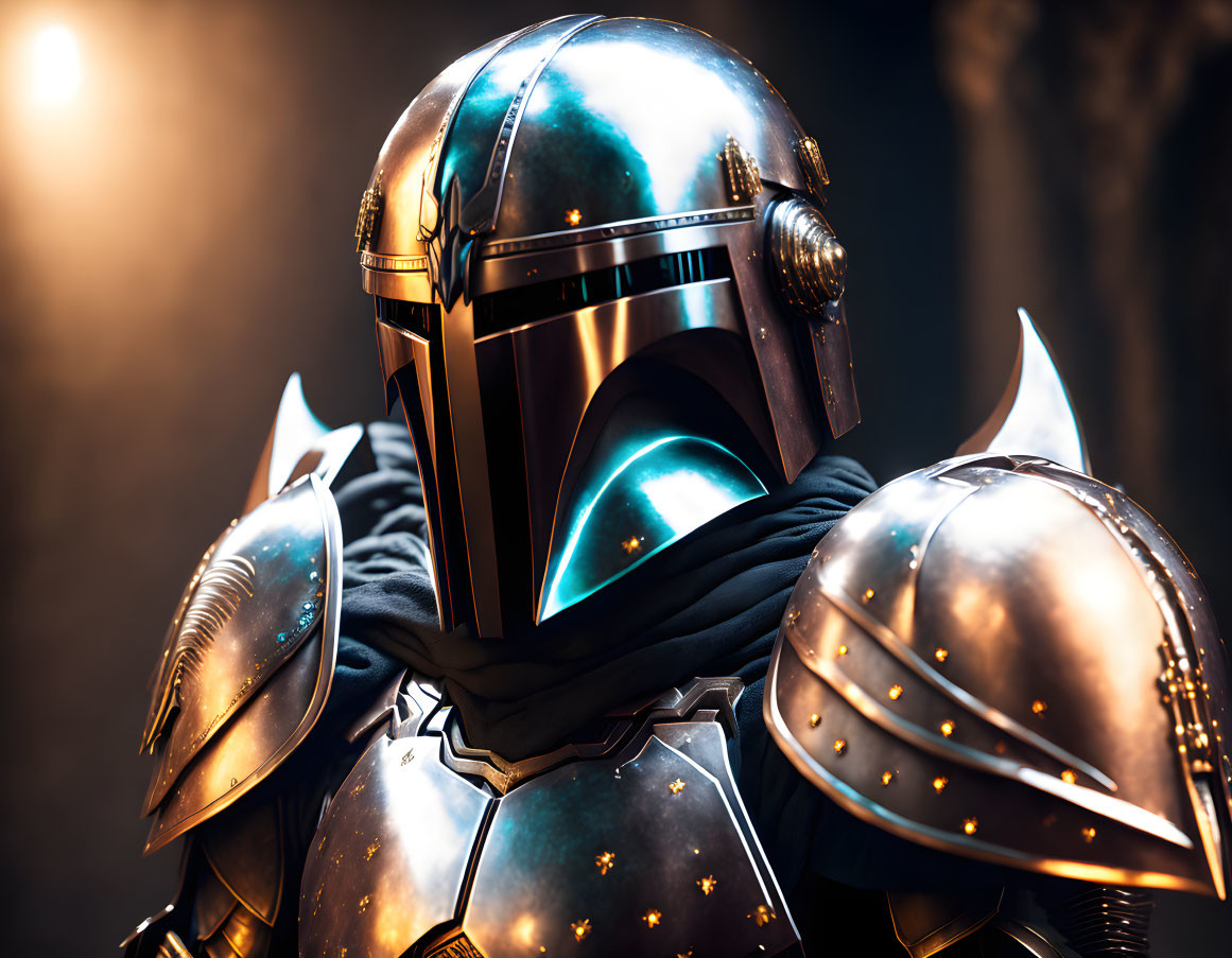 Futuristic knight in reflective armor with visor helmet