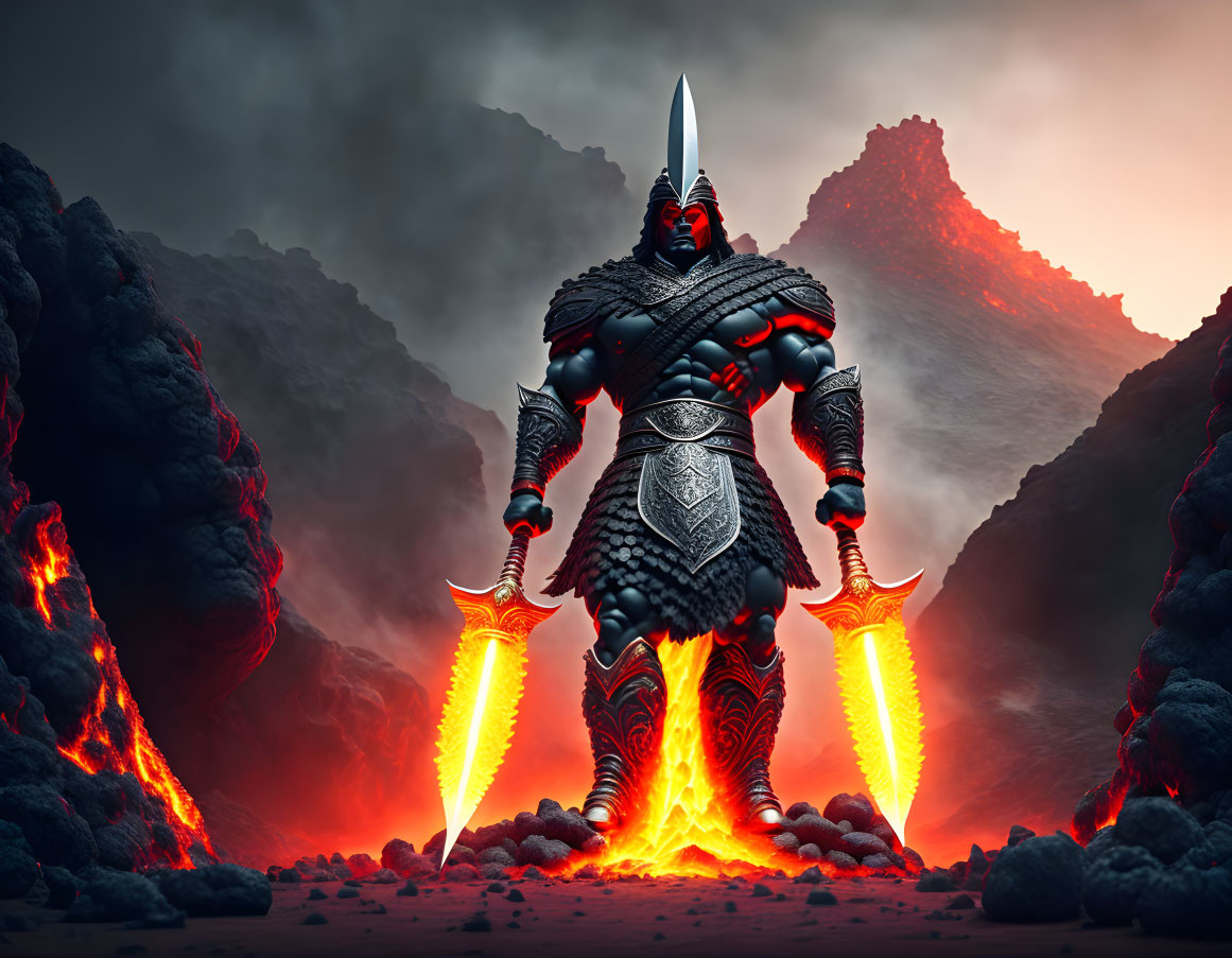 Fantasy knight in black armor wields glowing swords in volcanic landscape