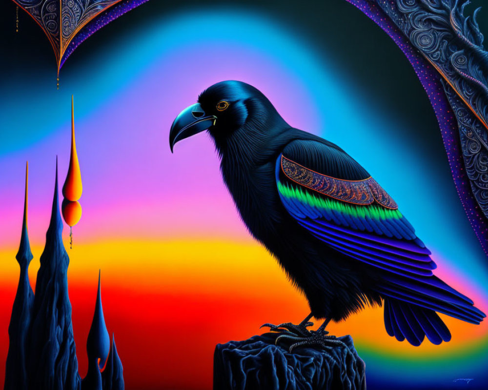 Colorful Sunset Background with Black Raven Artwork