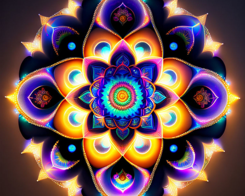 Symmetrical Neon Mandala in Vibrant Blues, Purples, and Oranges