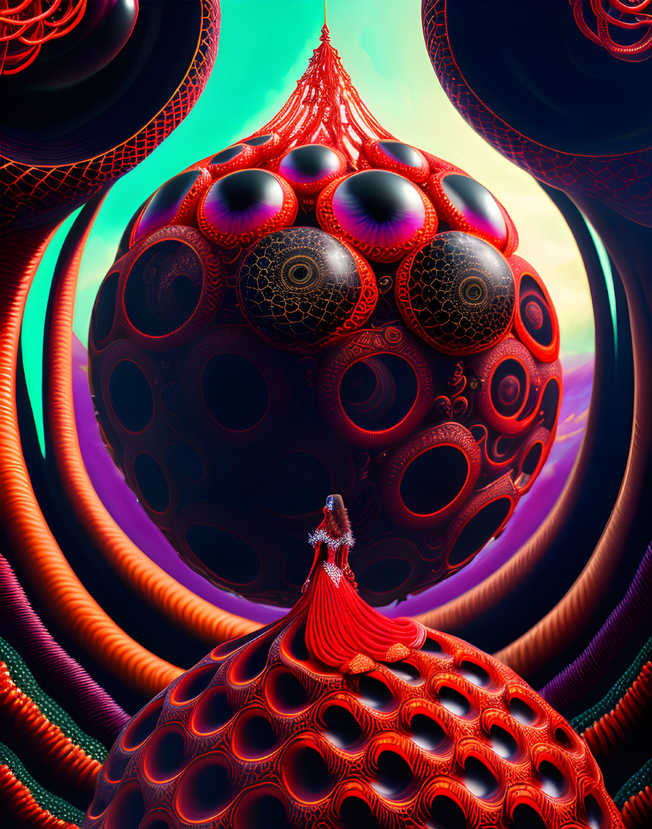 Surreal landscape digital art: person in red dress on ornate orb, towering spire,