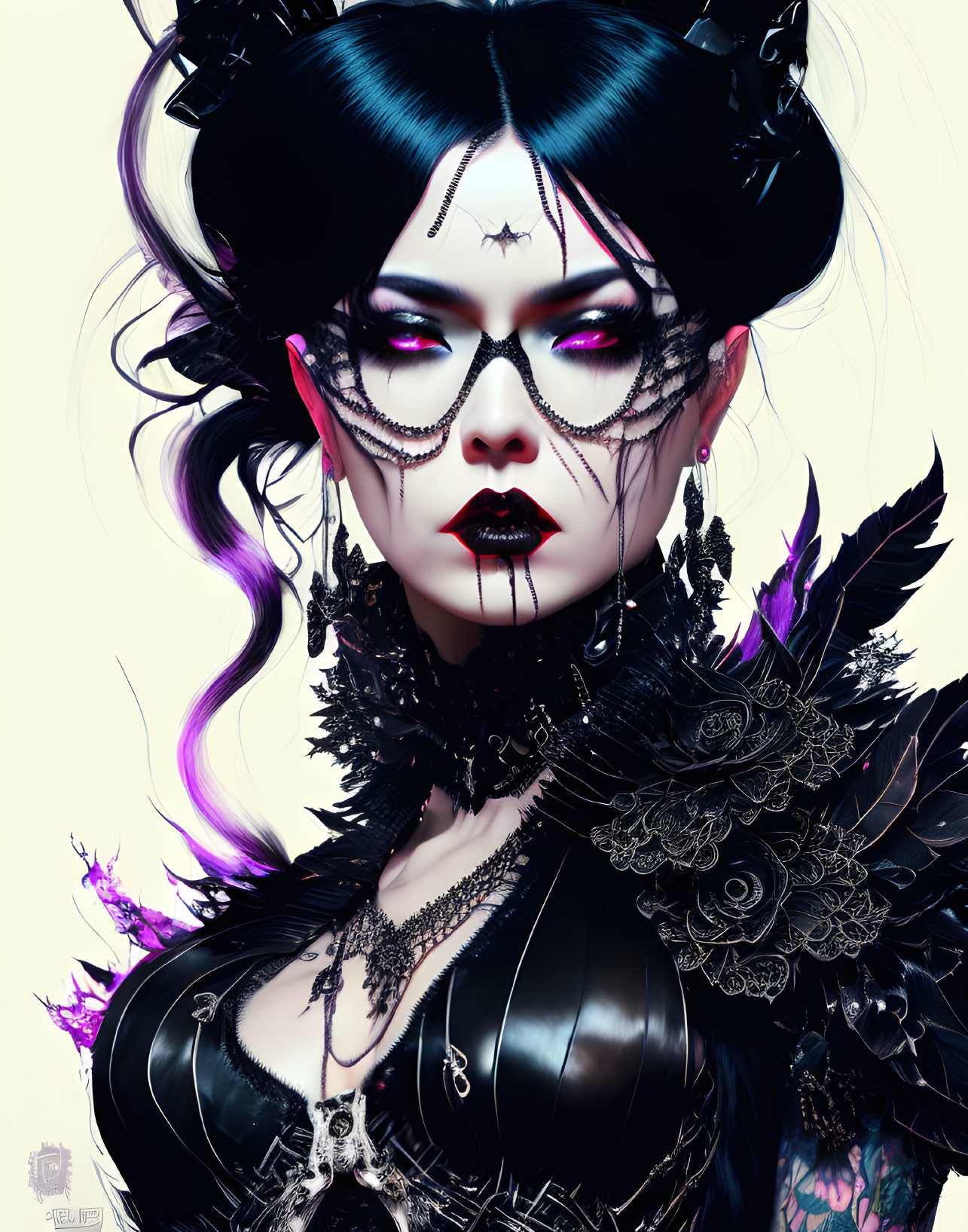 Gothic-style fantasy character with dark makeup and elaborate black headwear