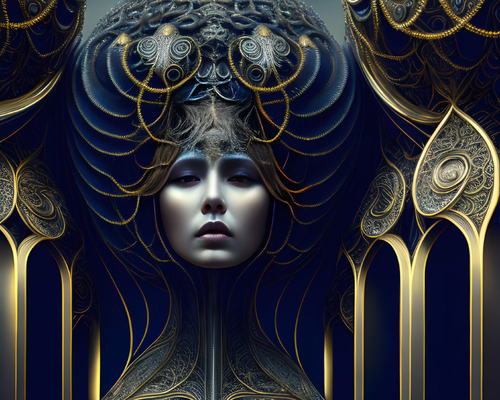 Intricate surreal portrait of a woman with golden headdress in cosmic setting