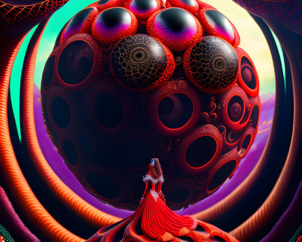 Surreal landscape digital art: person in red dress on ornate orb, towering spire,