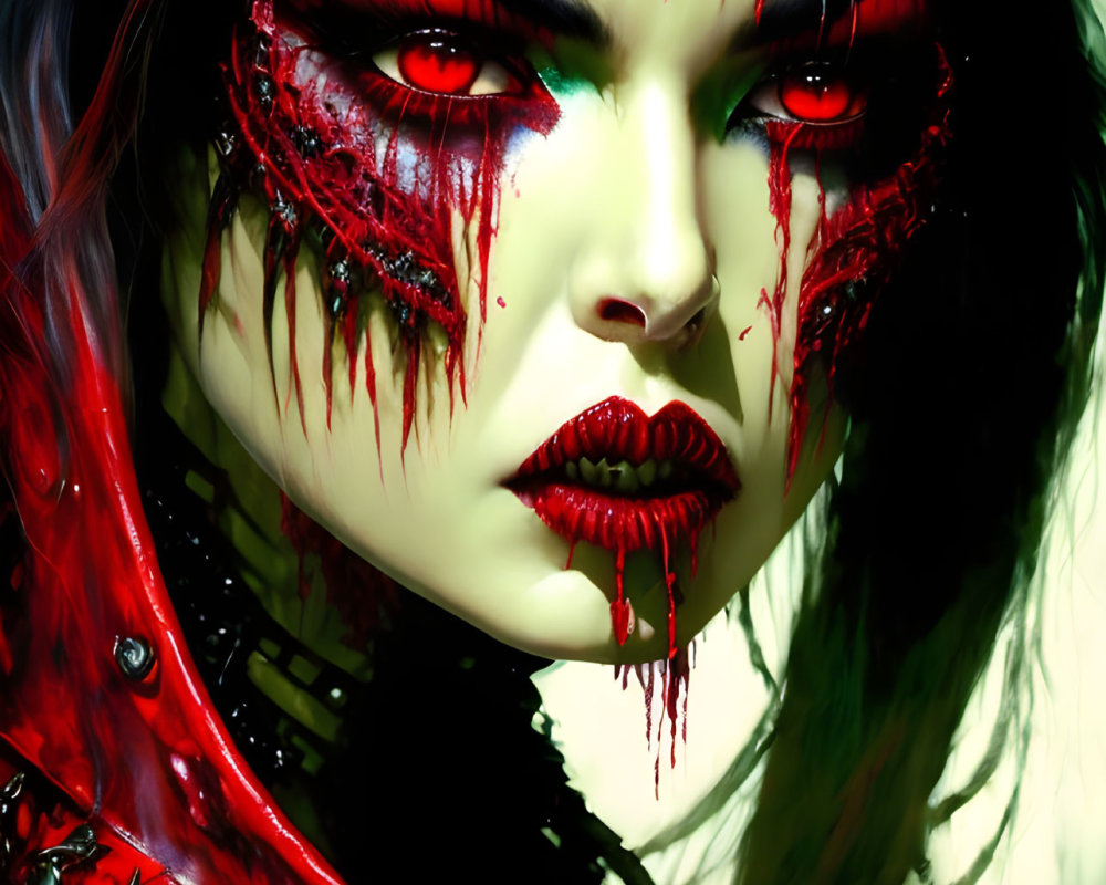 Dark digital artwork: fierce female with red eyes, bloody makeup, gothic armor.